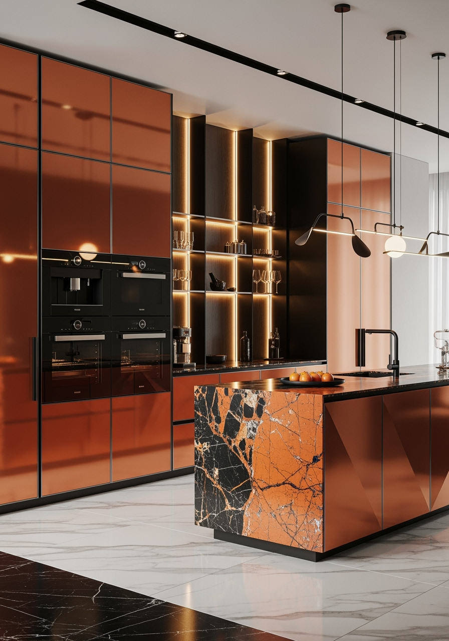 Luxury modern stainless steel kitchen with orange finishes